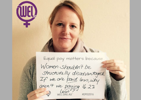 Image shows a woman holding up a piece of paper. On the paper is written "Equal pay matters because women shouldn't be structursally disadvantaged. If we are paid less, why aren't we paying 16.2% less?"