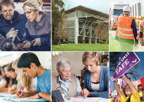Image is a grid of 6 images. First shows a man and woman working, second image shows a building, third image shows a man in hi-vis, fourth image shows a group of students writing, fifth image shows a woman pointing at a piece of paper with another woman beside her, sixth image shows a woman holding a sign that says "save our TAFE"